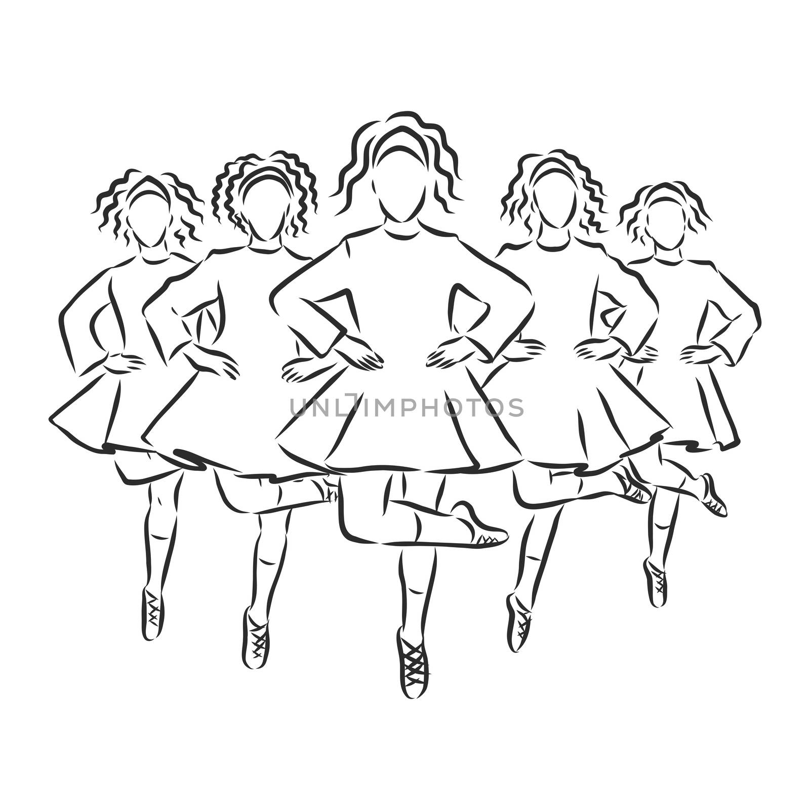 Irish Dance Troupe Jumping Together in Traditional Dresses and Ghillies. Irish dancing vector sketch illustration by ekaterina
