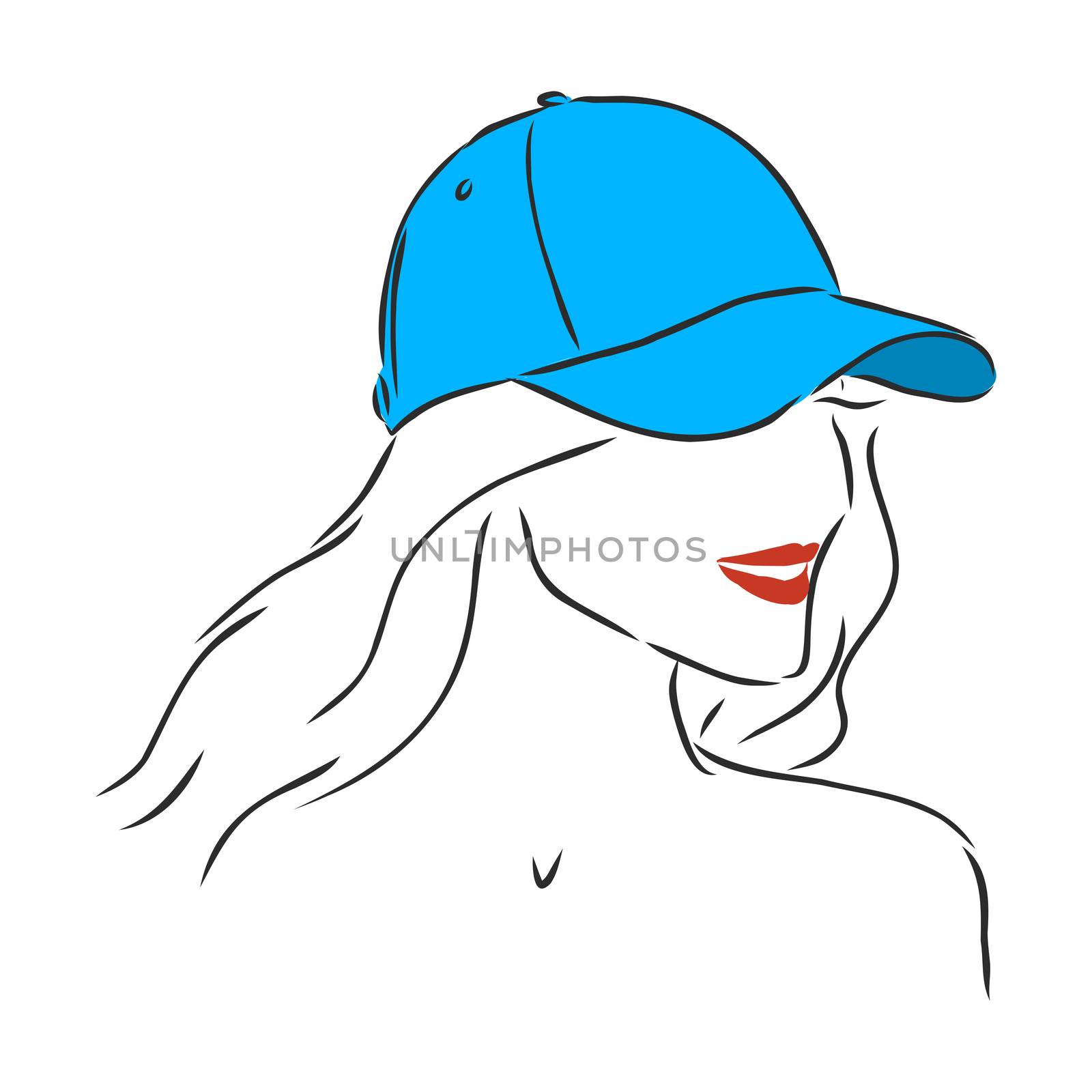 Isolated vector illustration. Pretty girl in a cap. Closeup female portrait. Hand drawn linear doodle sketch. Black silhouette on white background. beautiful girl in a cap, vector sketch illustration by ekaterina