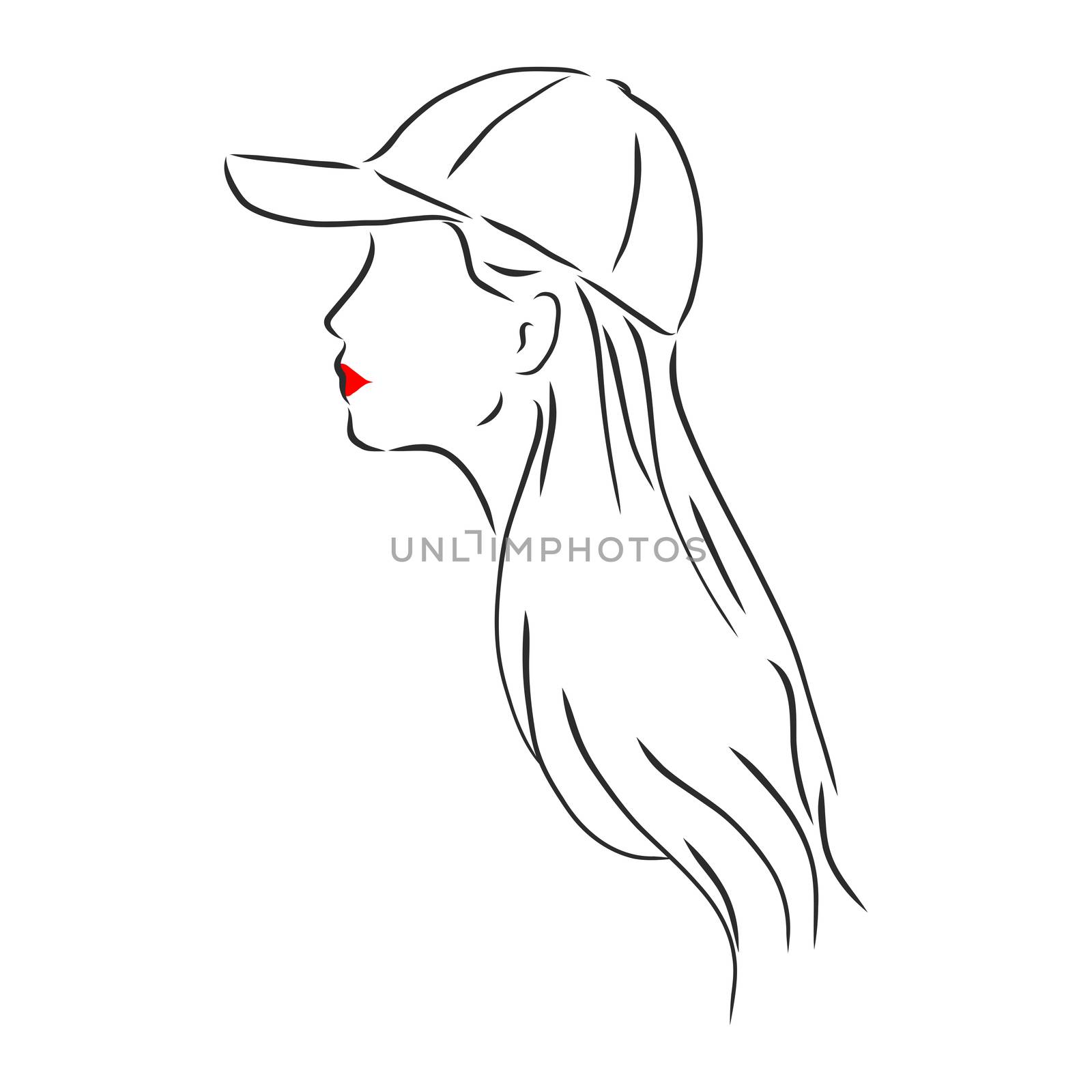 Isolated vector illustration. Pretty girl in a cap. Closeup female portrait. Hand drawn linear doodle sketch. Black silhouette on white background.