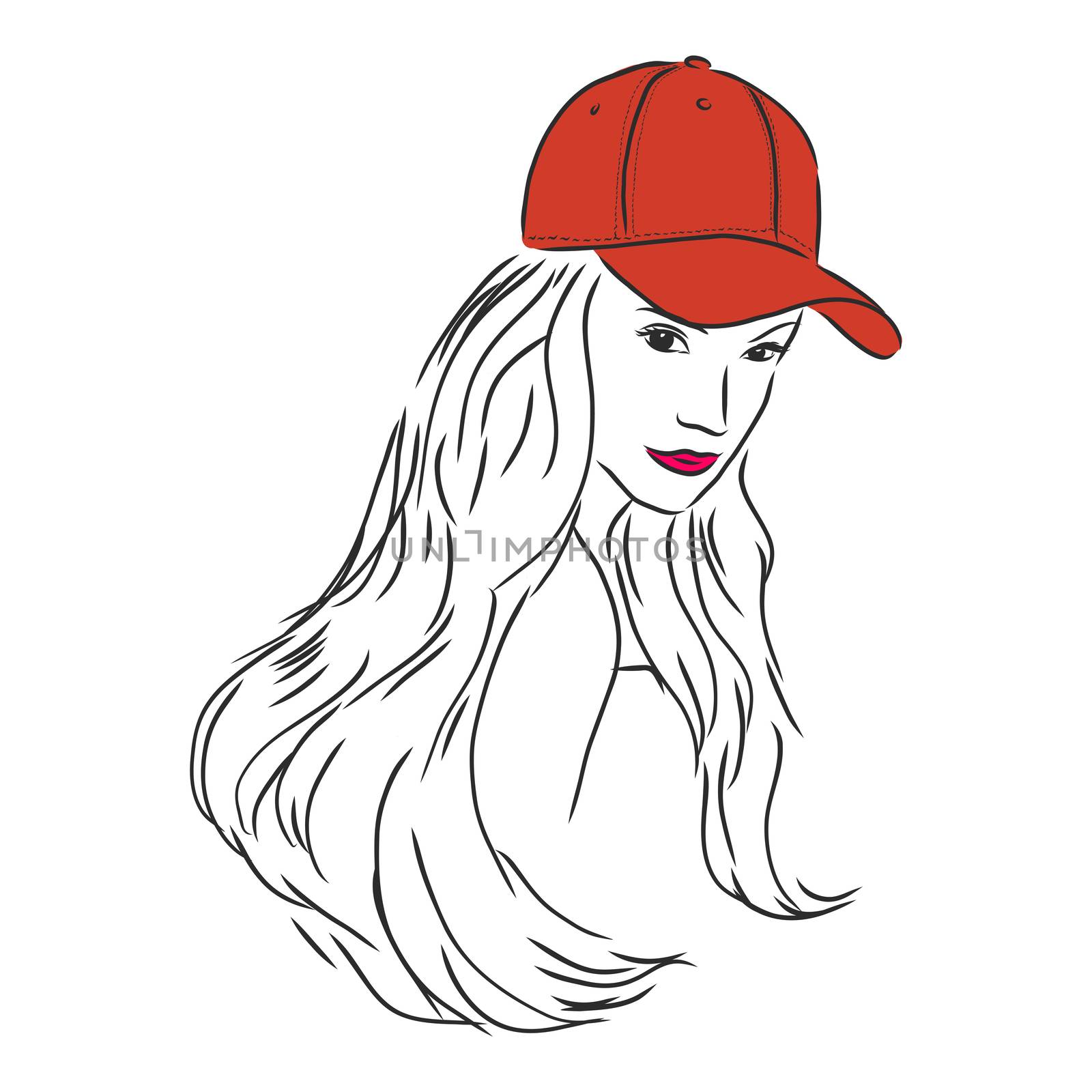 Isolated vector illustration. Pretty girl in a cap. Closeup female portrait. Hand drawn linear doodle sketch. Black silhouette on white background.