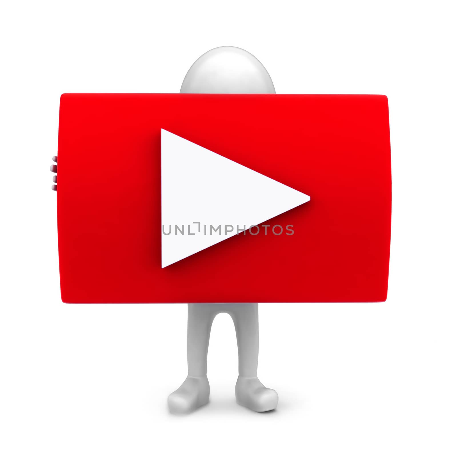 3d man holding play button in hands concept in white isolated background - 3d rendering , front angle view