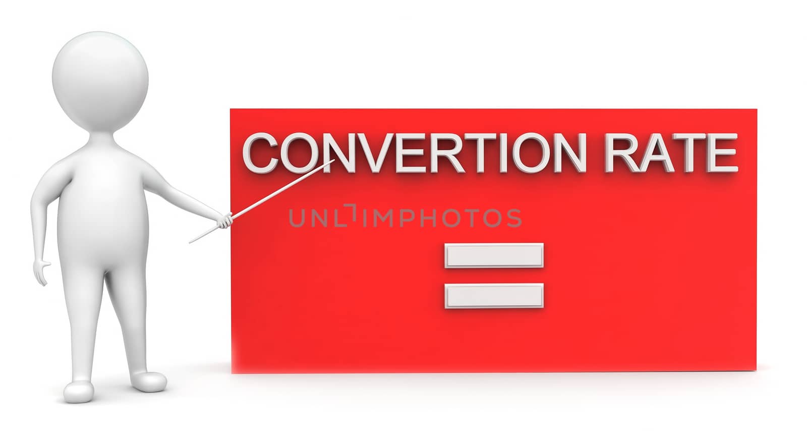 3d man presenting converstion rate box concept in white isolated background - 3d rendering , front angle view