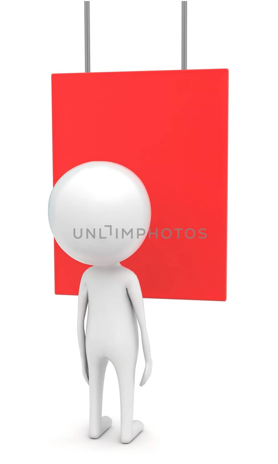 3d man looking a hanging board concept in white isolated background - 3d rendering , front angle view