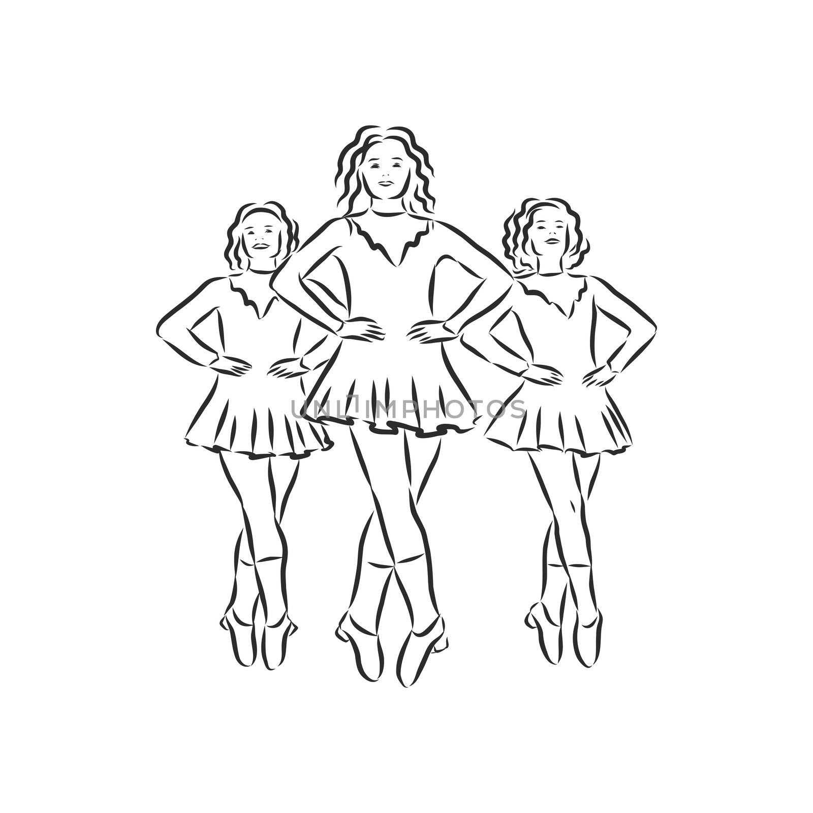 Irish Dance Troupe Jumping Together in Traditional Dresses and Ghillies. Irish dancing vector sketch illustration by ekaterina