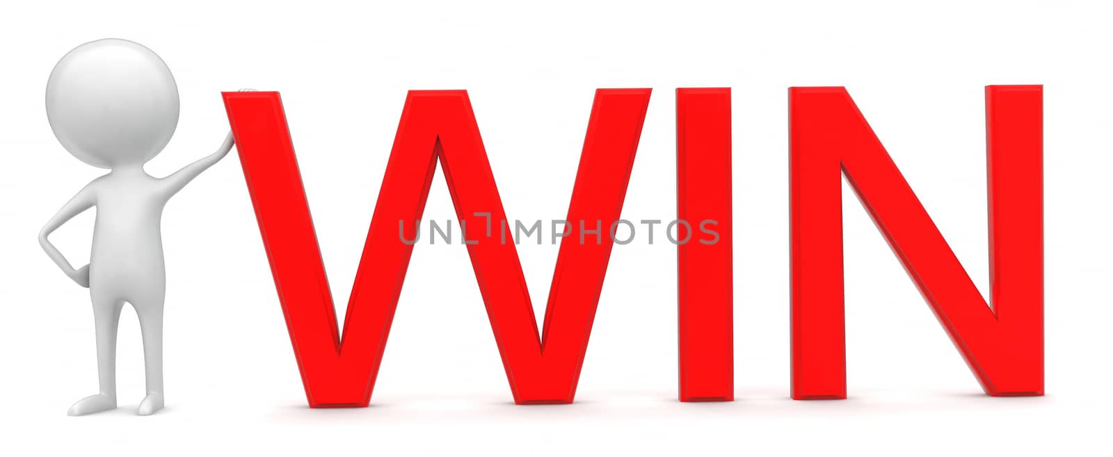 3d man presenting win text concept by qualityrender