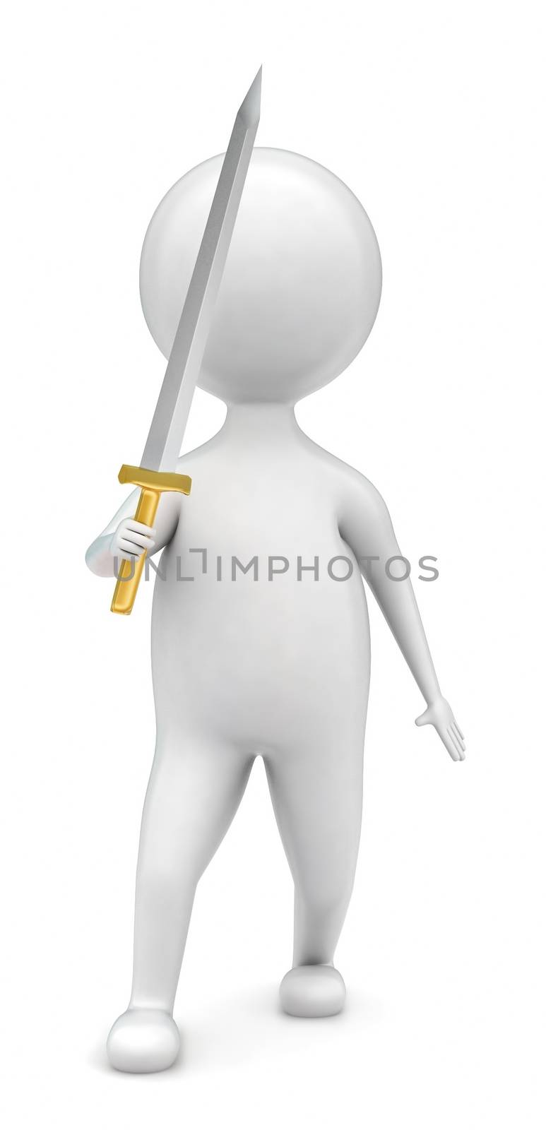 3d man holding sword in hand concept in white isolated background - 3d rendering , front angle view