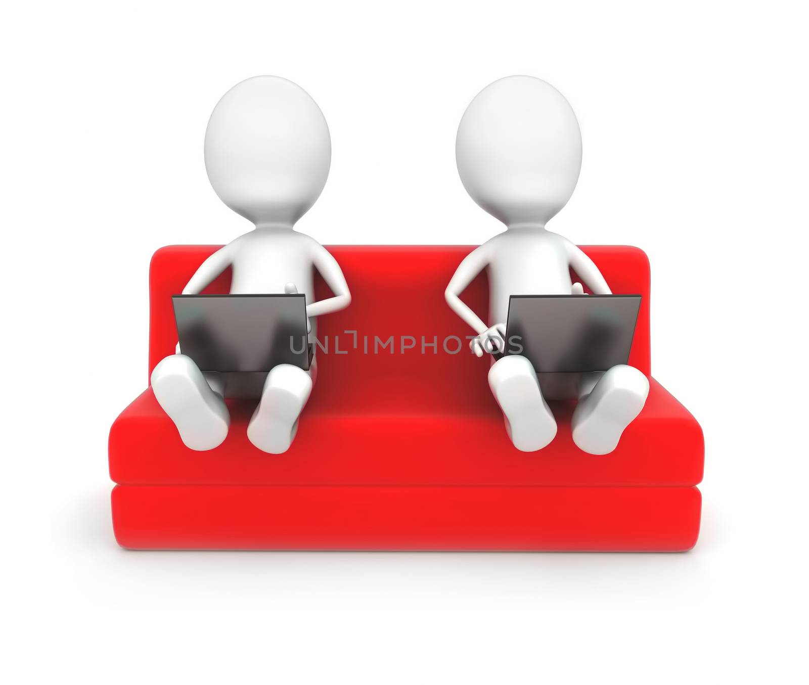 3d men siiting on sofa and working laptop concept in white isolated background - 3d rendering , front angle view