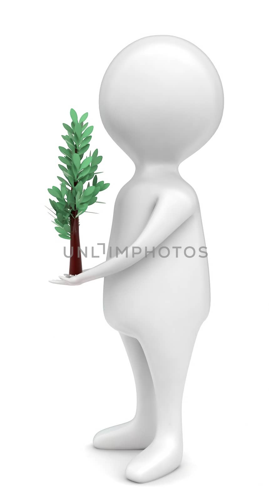 3d man holding small tree in hands concept in white isolated background - 3d rendering , side angle view