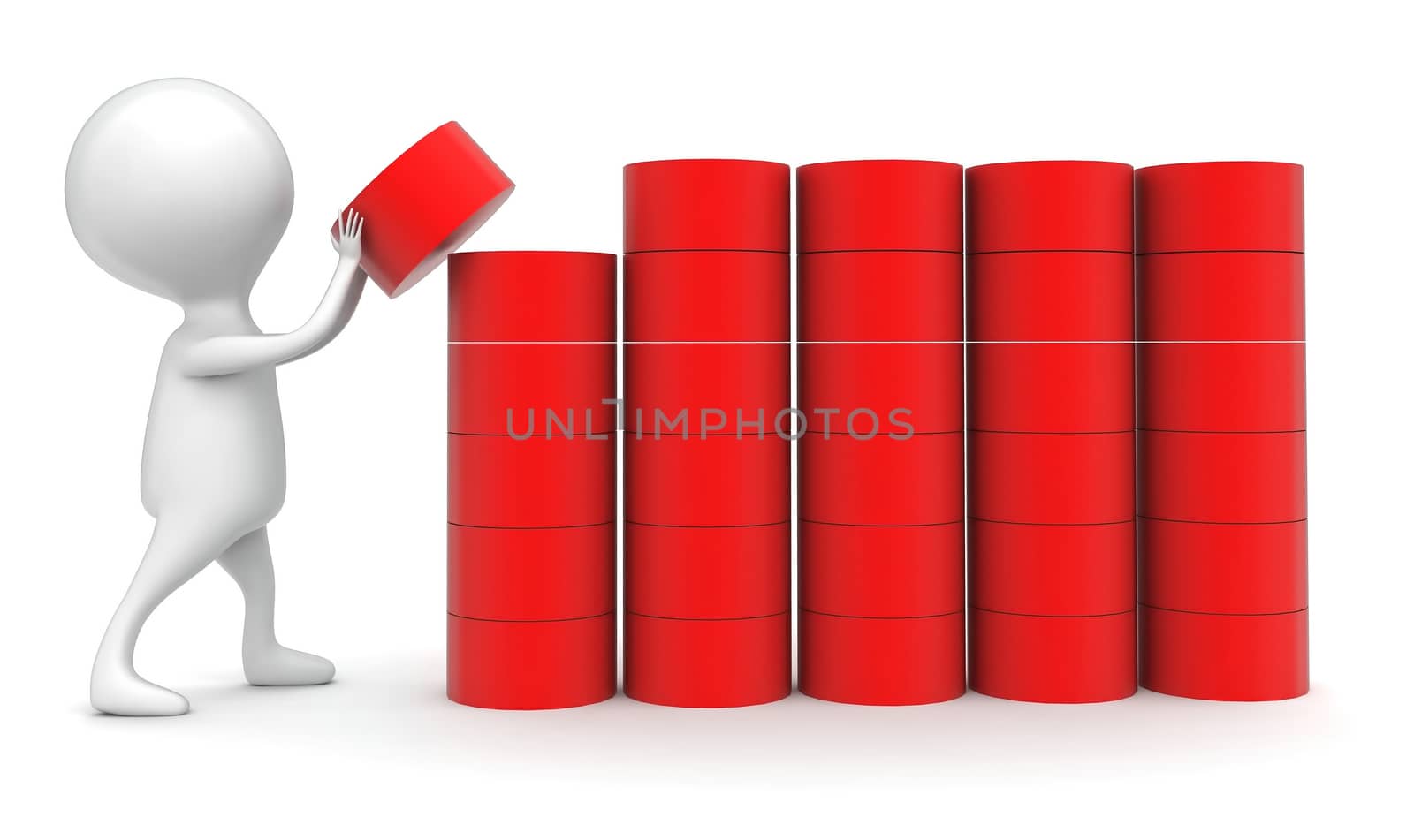 3d man arranging cylindrical shapes in a row concept in white isolated background - 3d rendering , front angle view