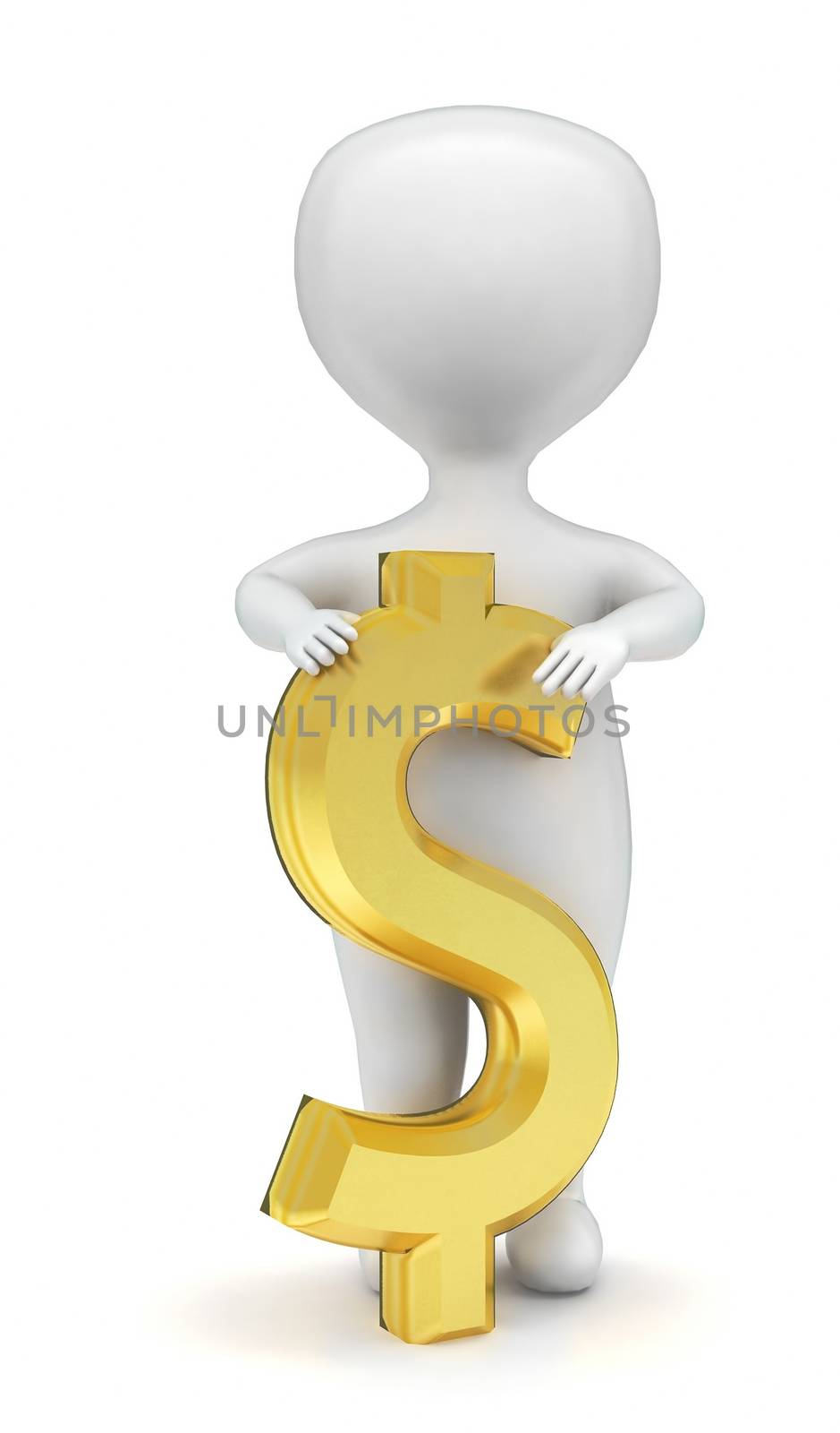 3d man presenting golden dollar sign concept in white isolated background - 3d rendering , front angle view
