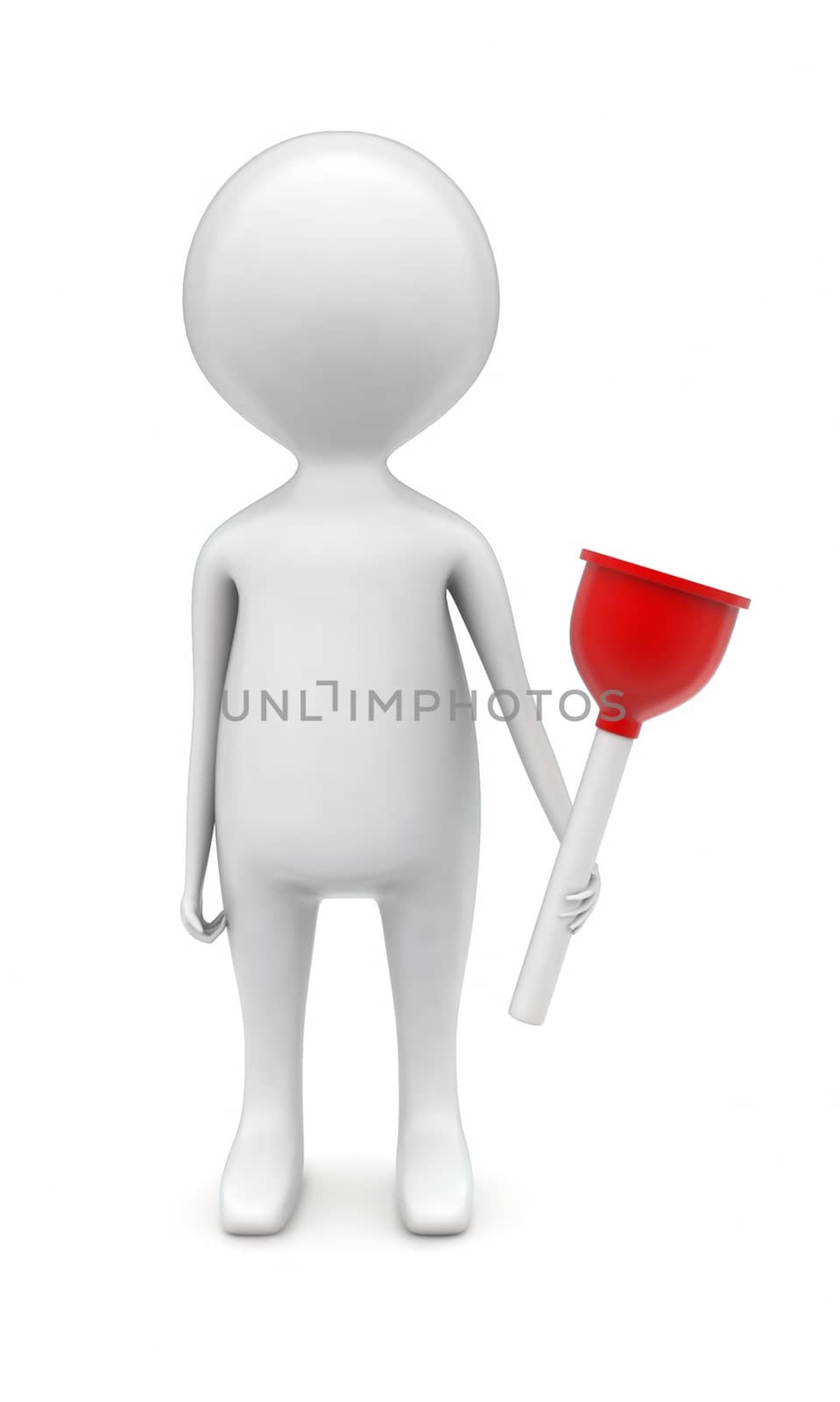 3d man holding toilet plunger concept in white isolated background - 3d rendering , front angle view