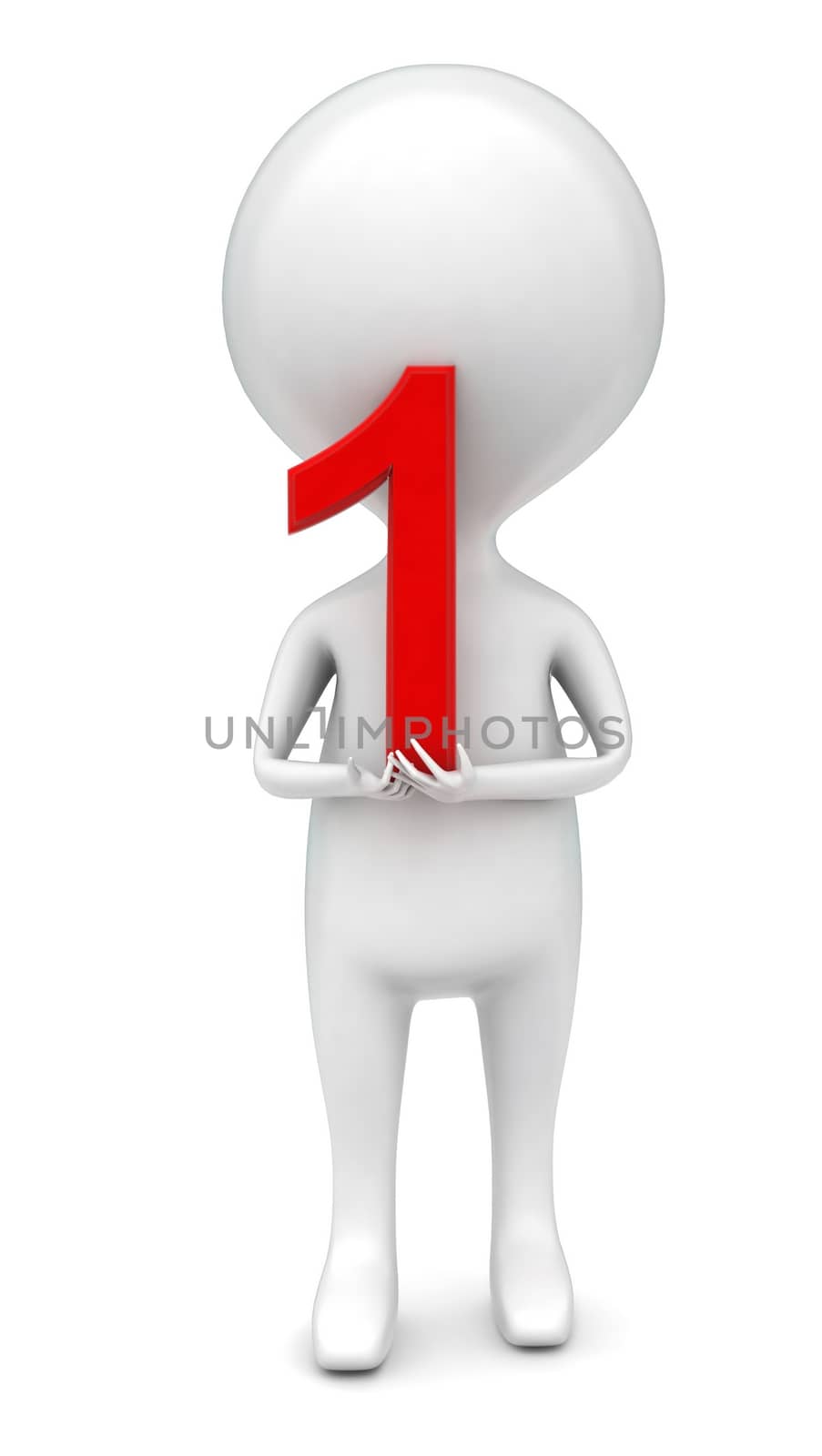 3d man holding numberical 1 in hand concept in white isolated background - 3d rendering , front angle view