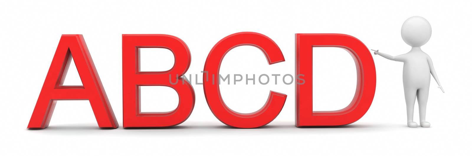 3d man pointing towards abcd text concept in white isolated background - 3d rendering , front angle view