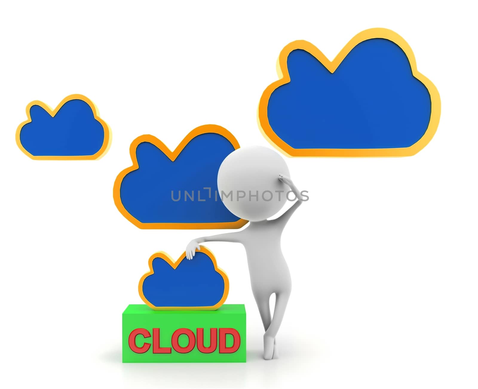 3d man presenting cloud concept in white background - 3d rendering , front angle view