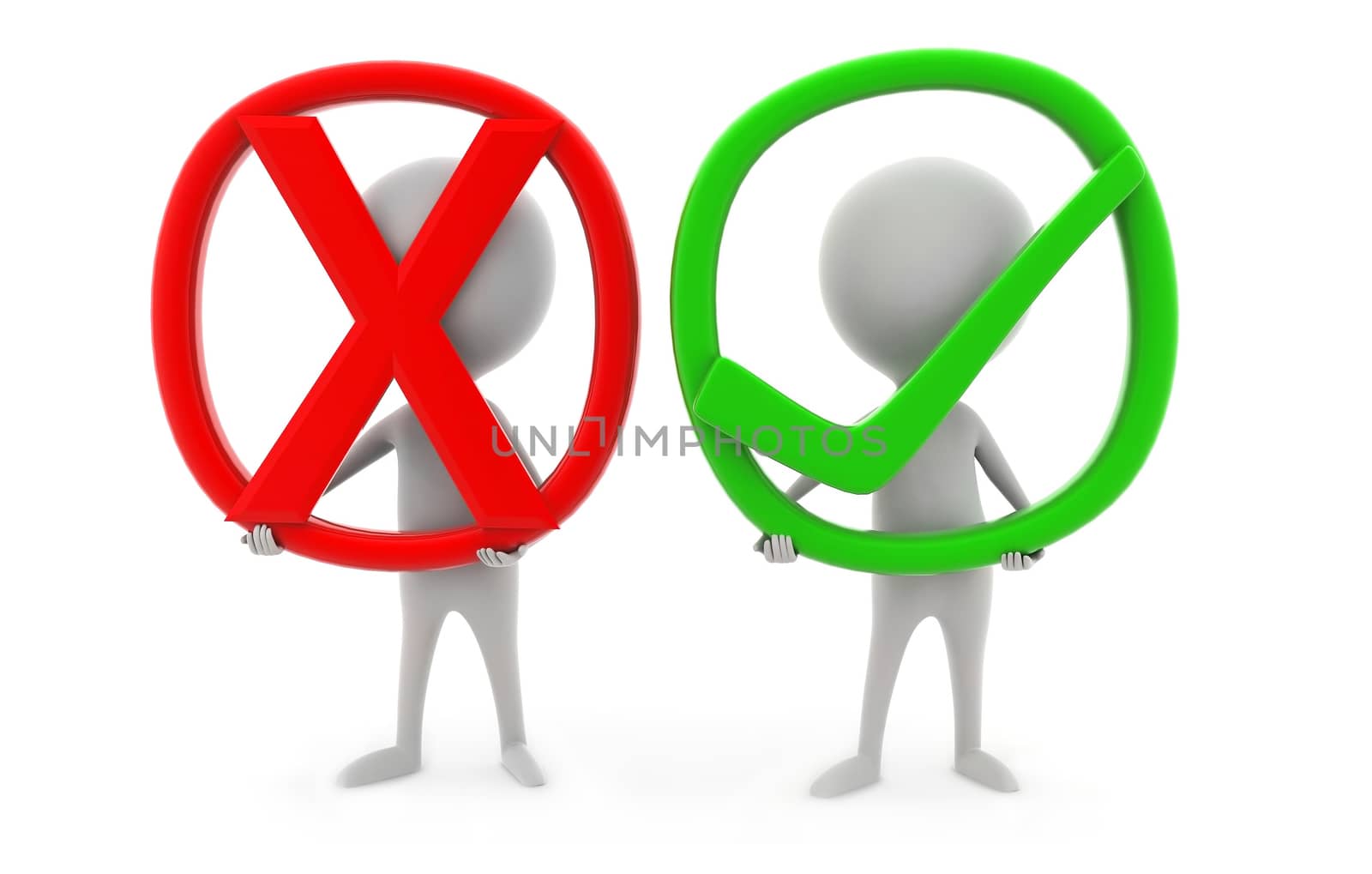 3d man presenting right and wrong sign concept in white background, front angle view