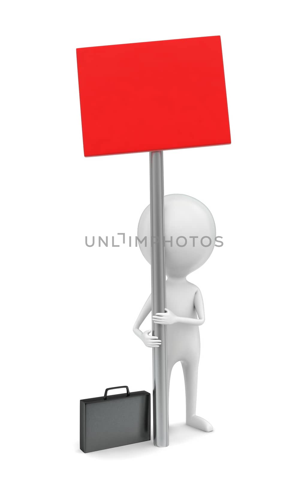 3d man holding a banner in hands concept in white isolated background , top angle view