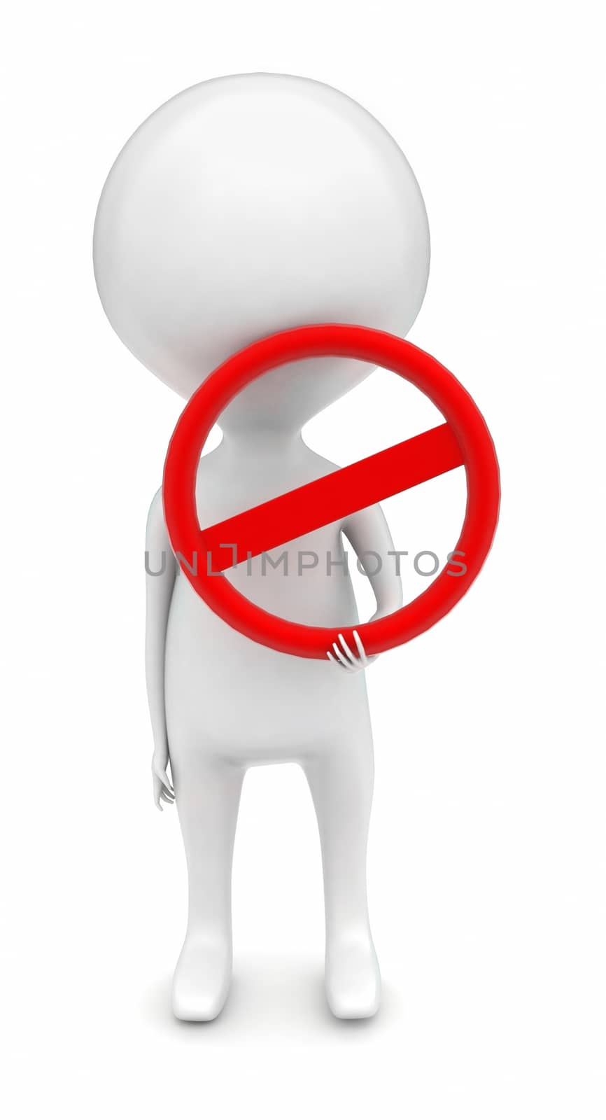 3d man holding restriction sign concept in white isolated background - 3d rendering , front angle view