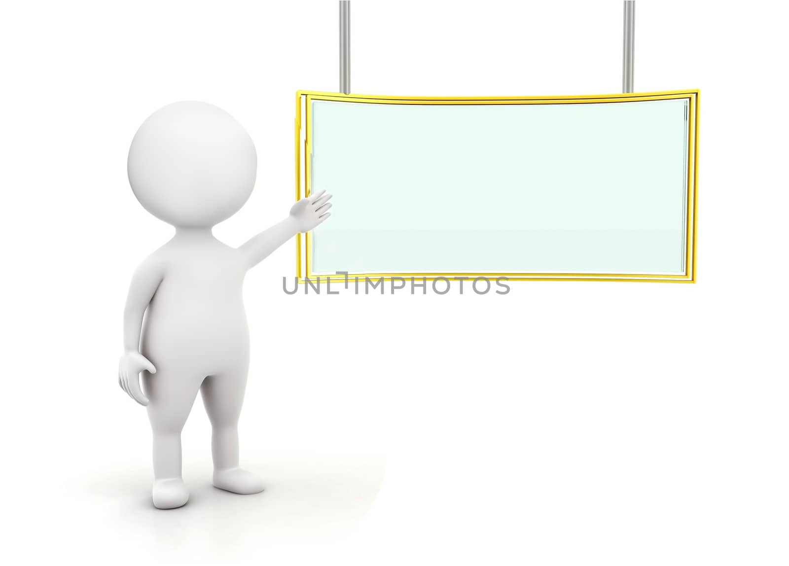 3d man presenting "presentation board " concept on white background , front angle view