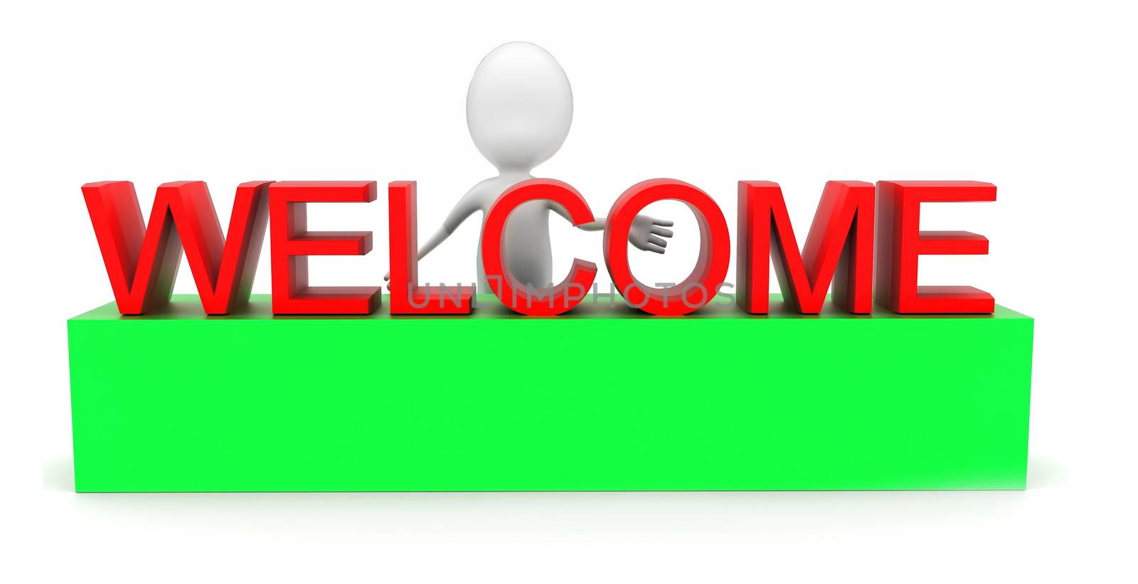 3d man presenting welcome text concept in white isolated background - 3d rendering , front angle view
