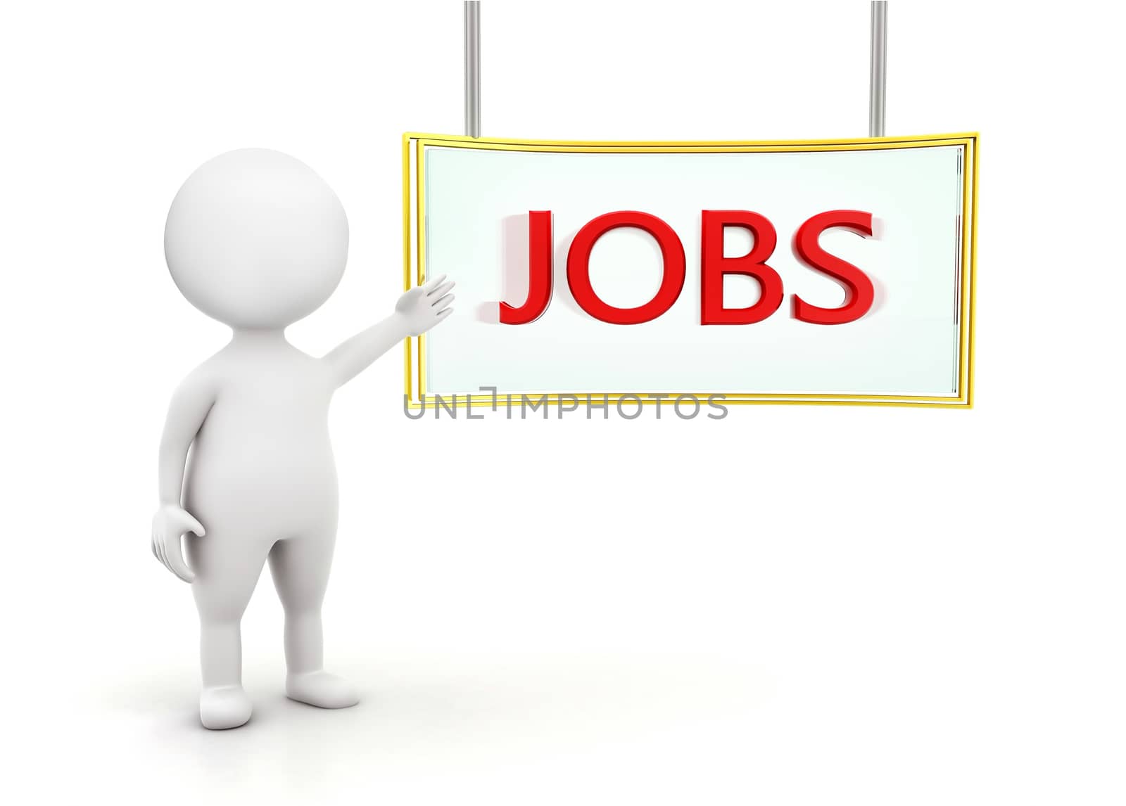 3d man presenting " jobs on presentation board " concept on white background , front angle view