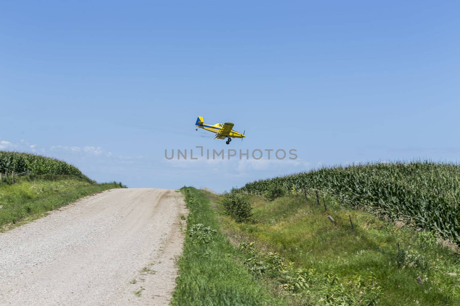 A crop duster applies chemicals to a field of vegetation.