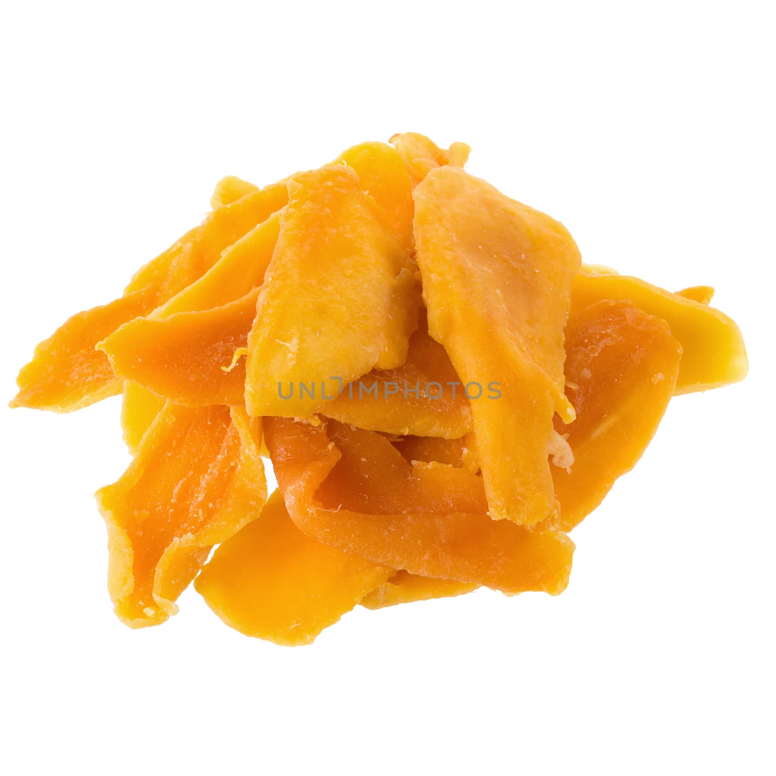 Ripe yellow Dried mango fruit slices isolated on white background.