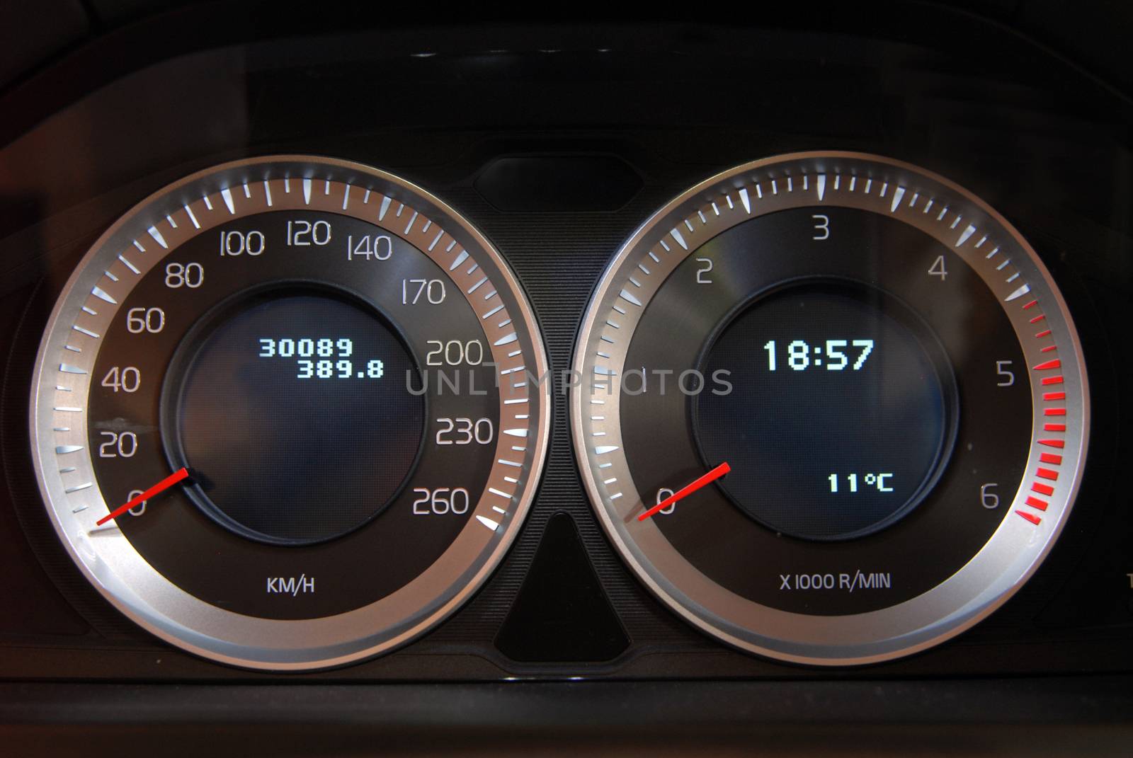 Modern car illuminated dashboard closeup