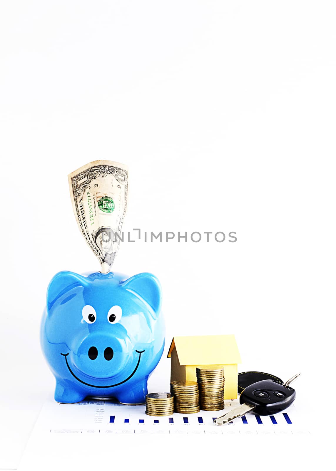 Piggy bank with dollar and coins stack and home paper and carkeys for Loans money concept Vertical