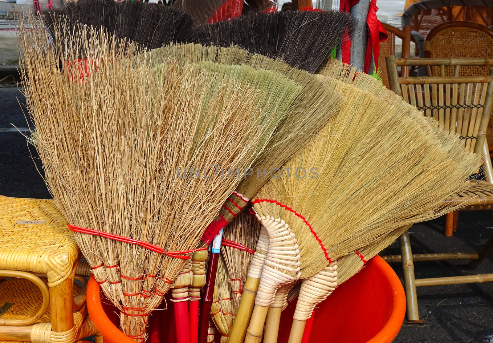 Handcrafted brooms made from bamboo twigs and branches