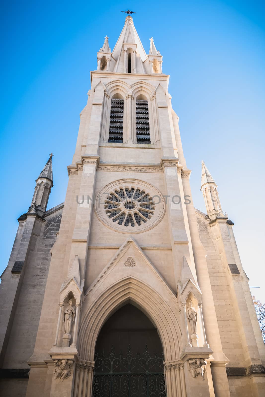 architectural detail of neo gothic church Saint Anne on a winter day