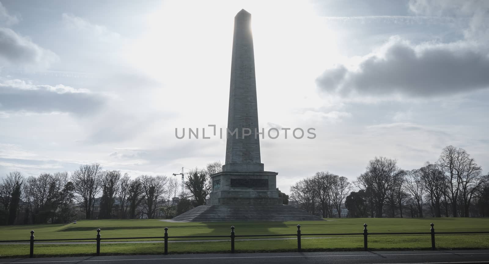 Architectural detail of the Wellington Testimonial obelisk in the Phoenix Park of Dublin, Ireland on a winter day