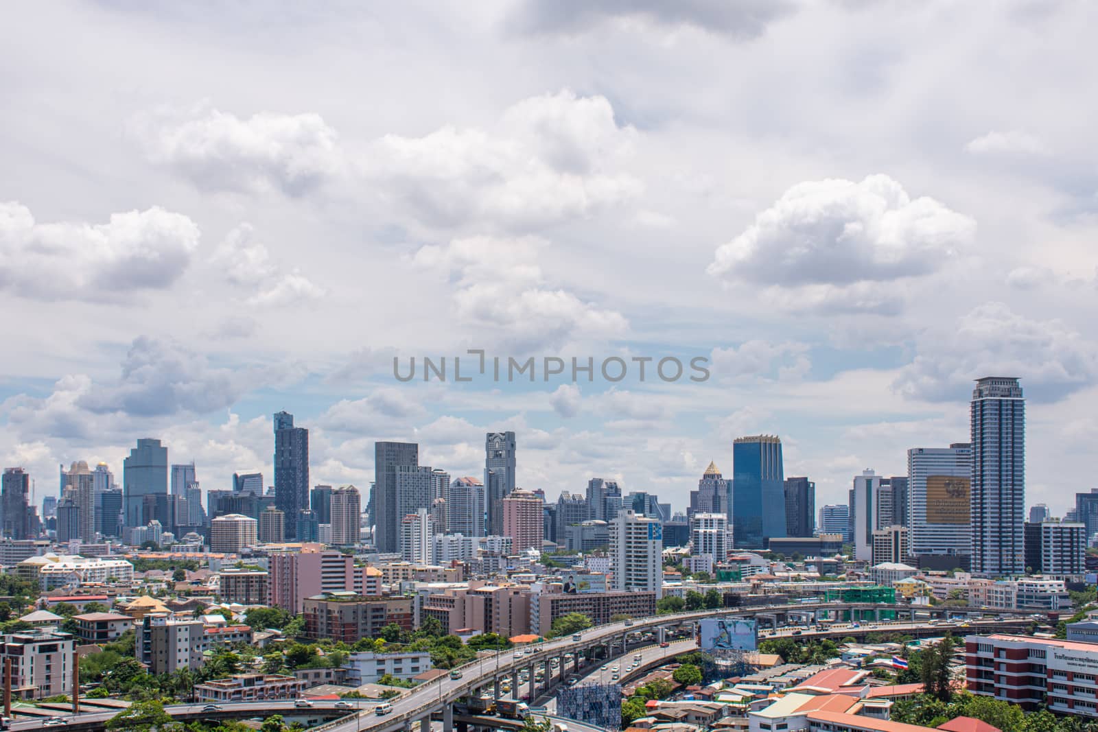 Bangkok, Thailand - July 22, 2016 : Cityscape and transportation with expressway and traffic in daytime from skyscraper of Bangkok. Bangkok is the capital and the most populous city of Thailand.