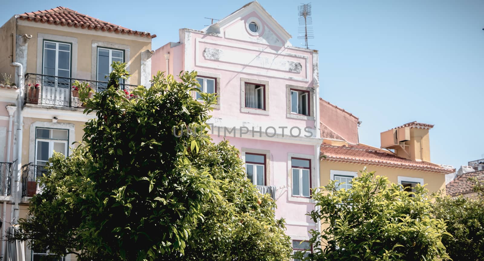Lisbon, Portugal - May 7, 2018: Architectural detail of buildings typical of historic downtown on a spring day