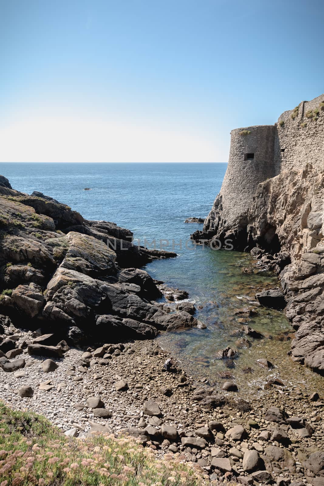 ruin of the old medieval castle south of the island of yeu, Vendee in France on a summer day