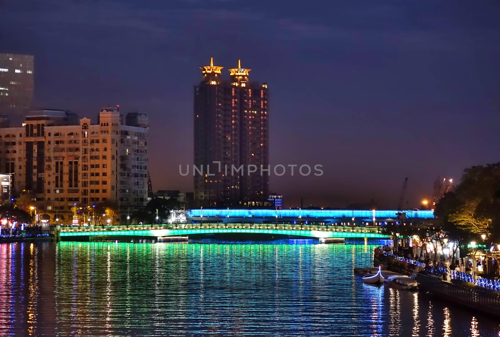 The Love River in downtown Kaohsiung in Taiwan at evening time
