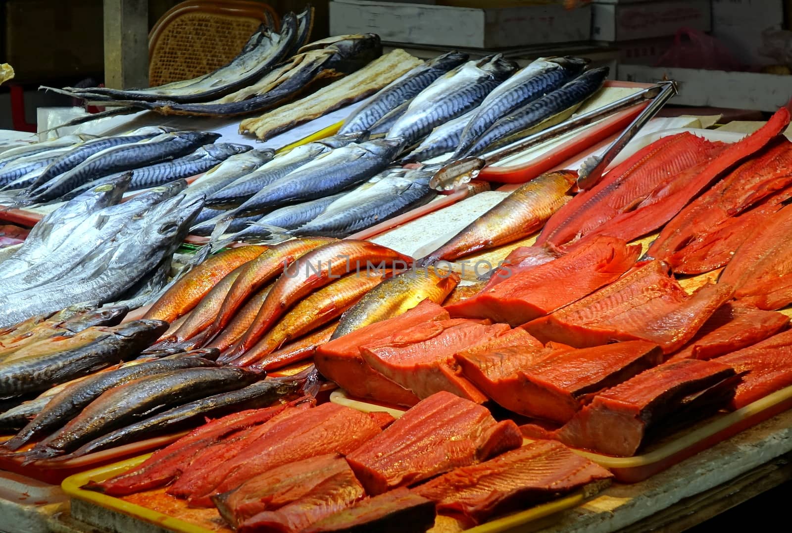 Salted and preserved fish is on sale at the market
