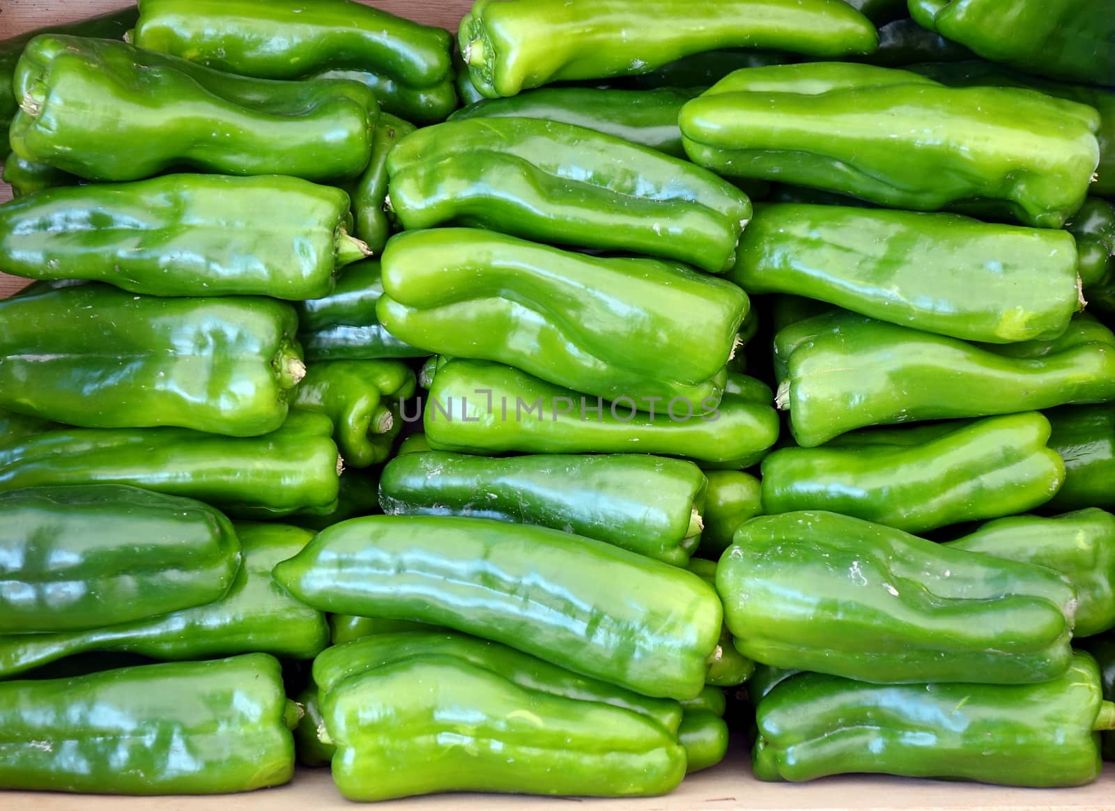 Bright green bell peppers for sale at the market