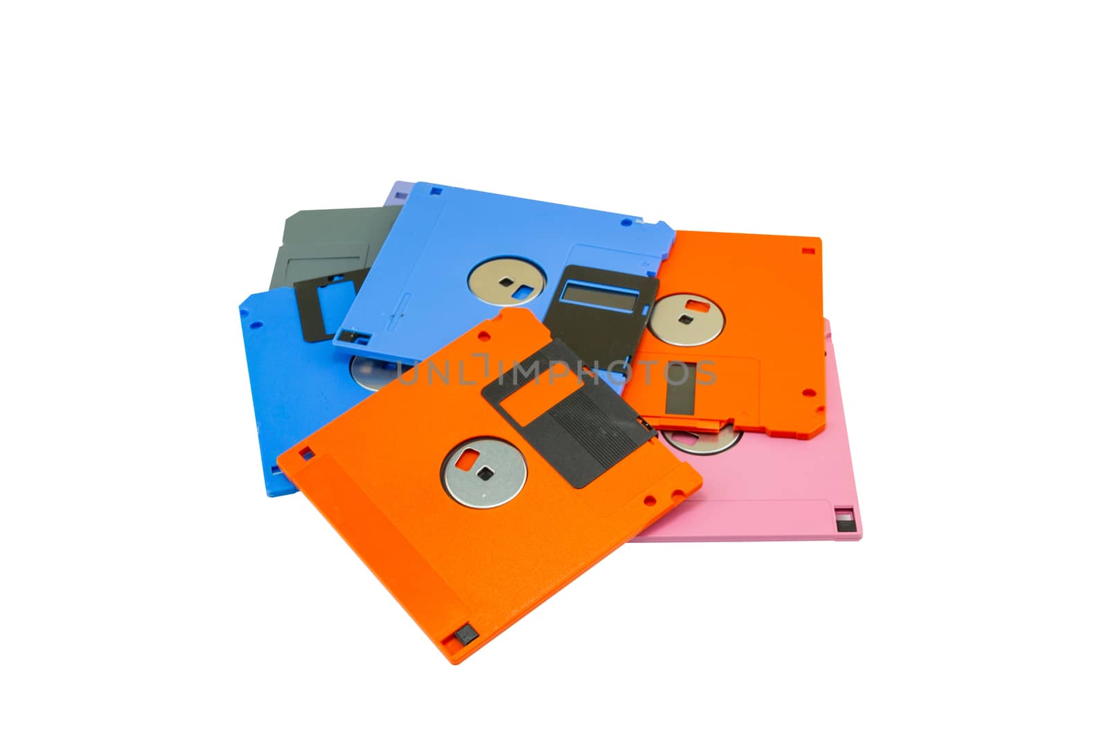 A floppy disk , also called a floppy, diskette , or just disk were a ubiquitous form of data storage isolated on white background