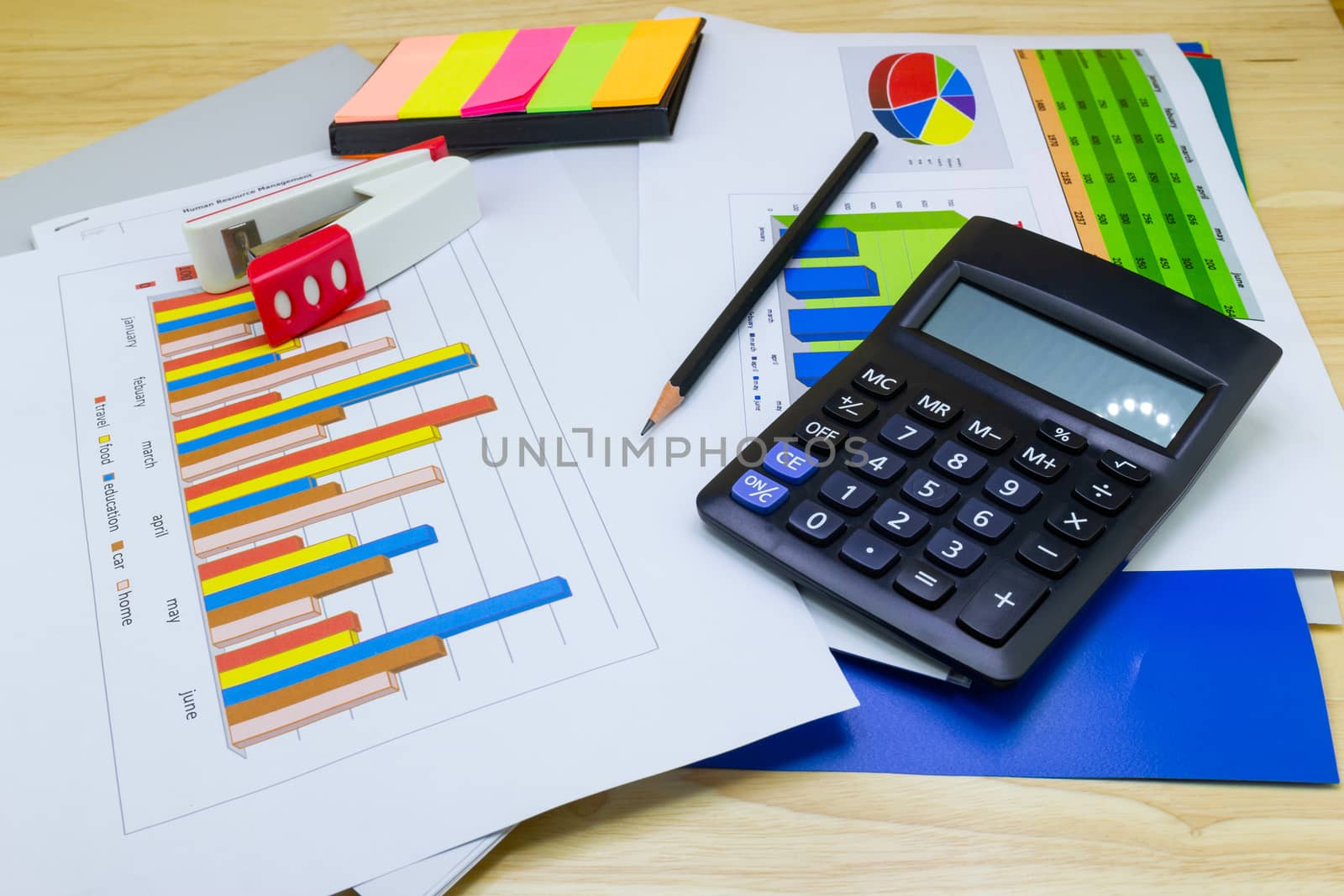 business paper graphs calculator pencil with charts report, concept financial planning, concepts business and cost.
