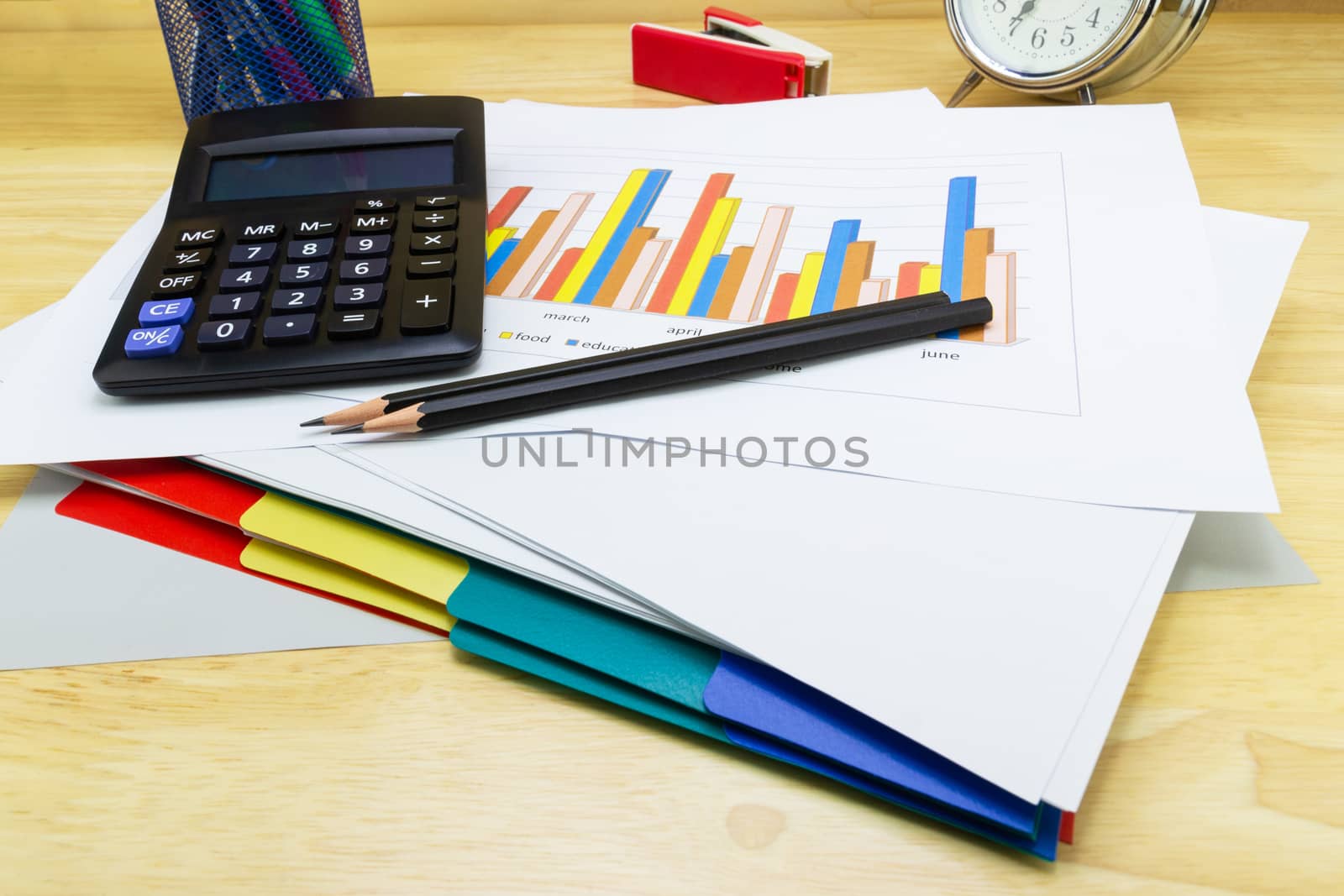 business paper graphs calculator pencil with charts report, concept financial planning, concepts business and cost.