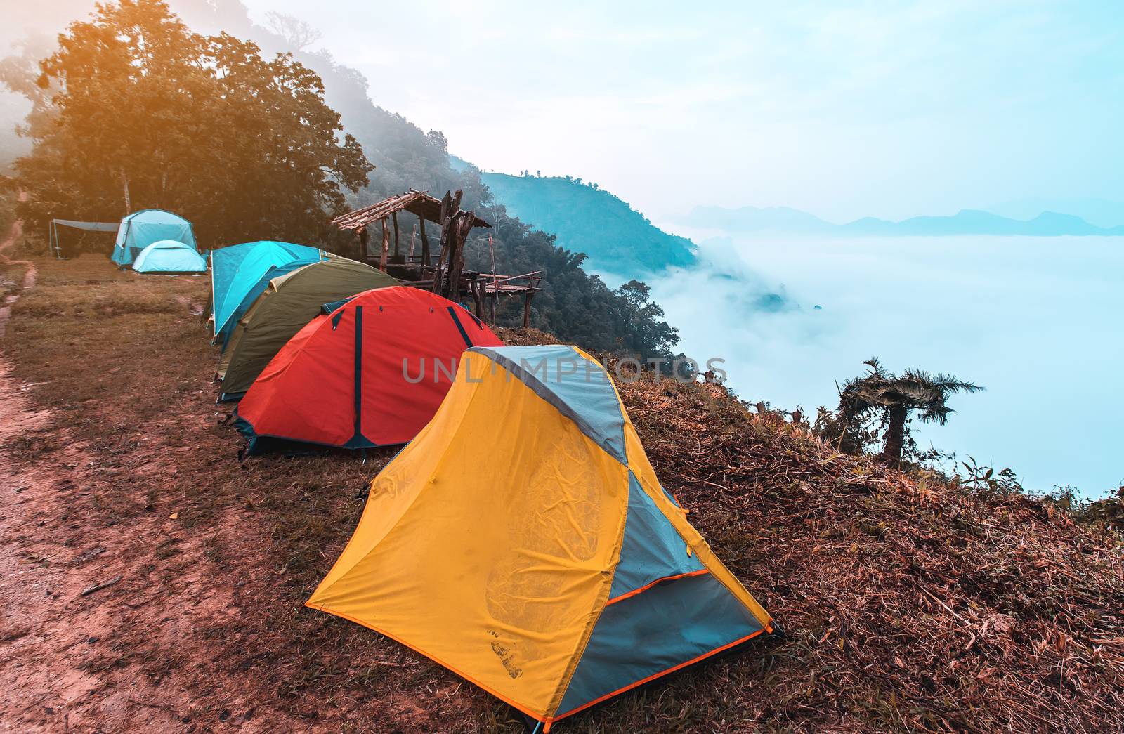 tourist tent camping in mountains