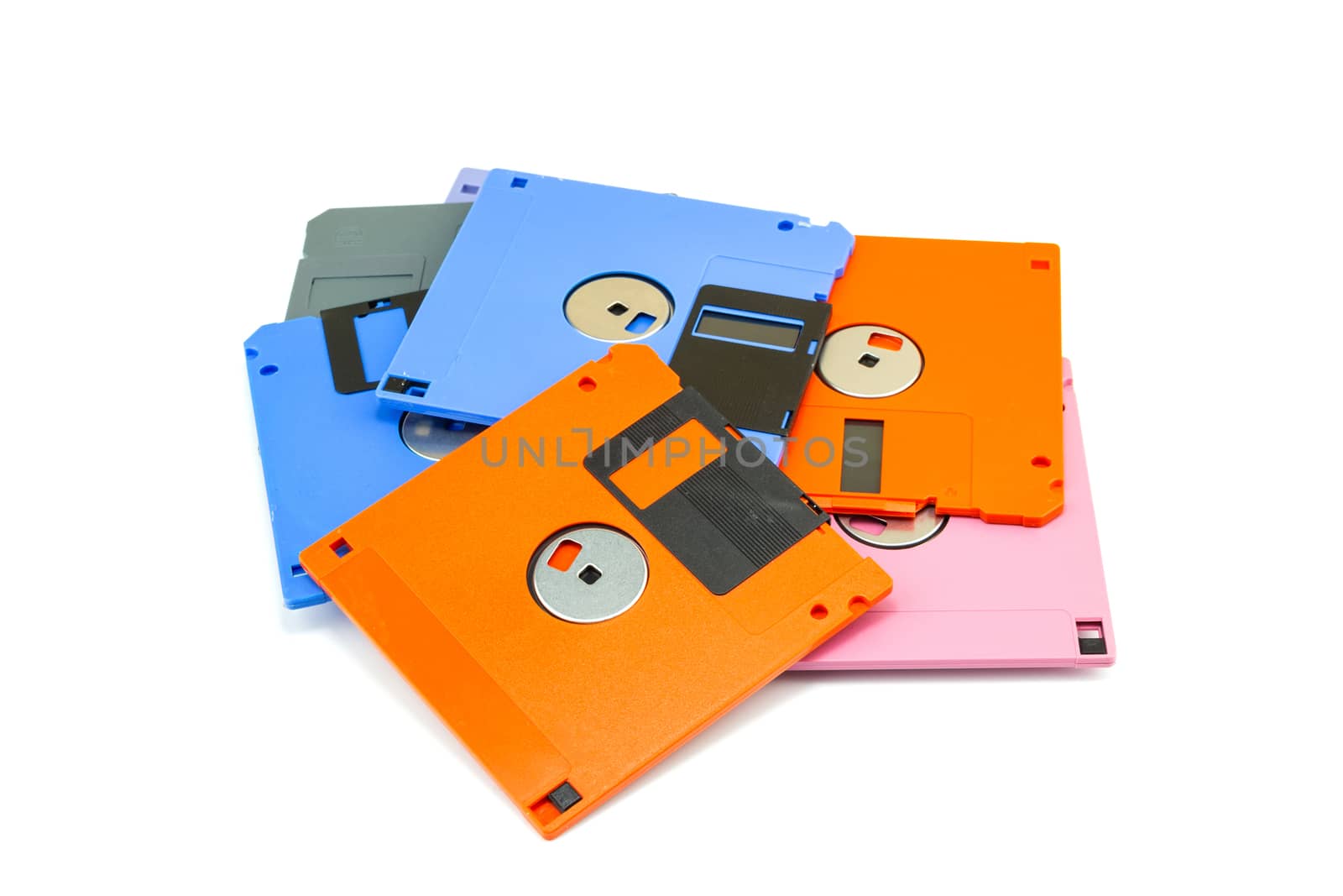 A floppy disk , also called a floppy, diskette , or just disk were a ubiquitous form of data storage isolated on white background
