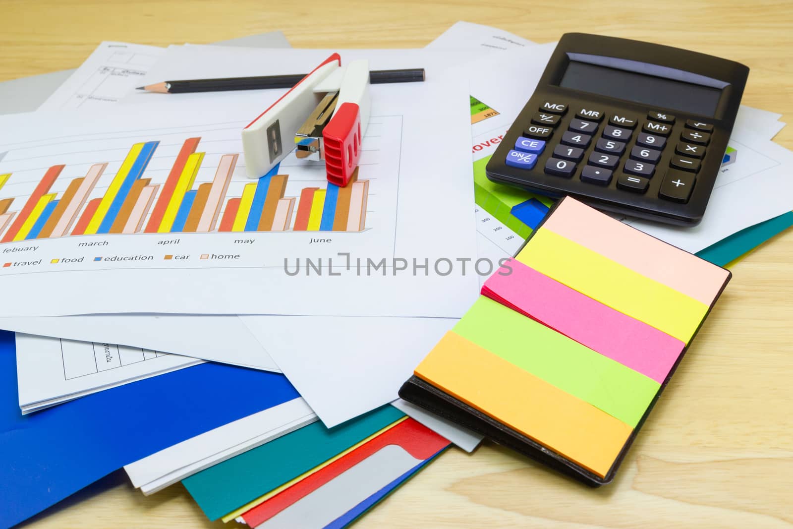 business paper graphs calculator pencil with charts report, concept financial planning, concepts business and cost.
