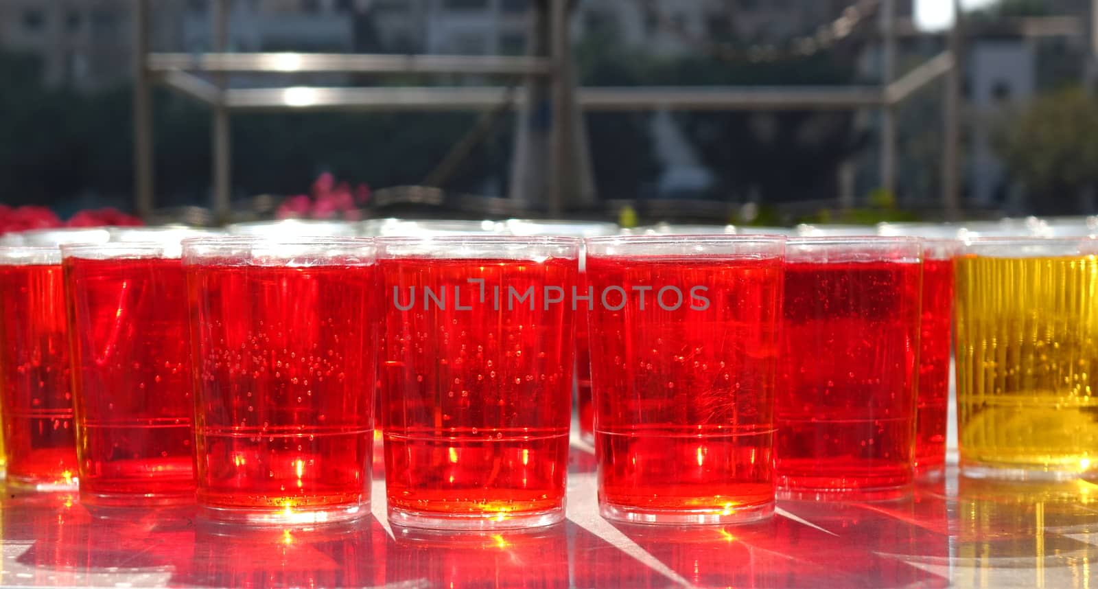 Glasses filled with sparkling red liquid in the morning sun
