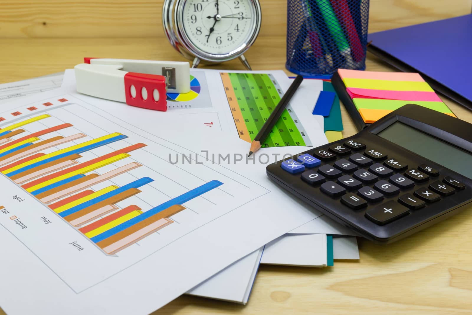 business paper graphs calculator pencil with charts report, concept financial planning, concepts business and cost.
