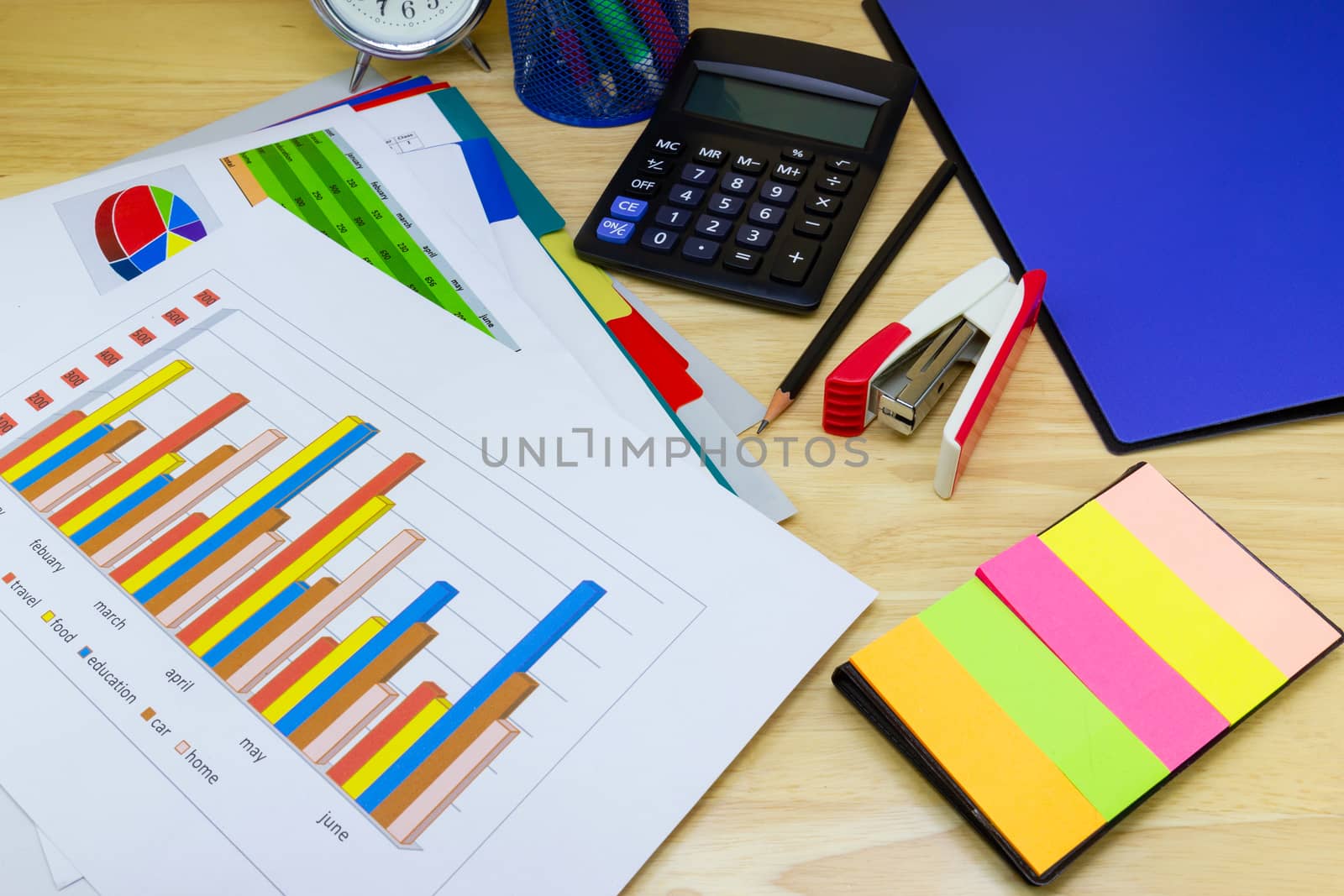 business paper graphs calculator pencil with charts report, concept financial planning, concepts business and cost.
