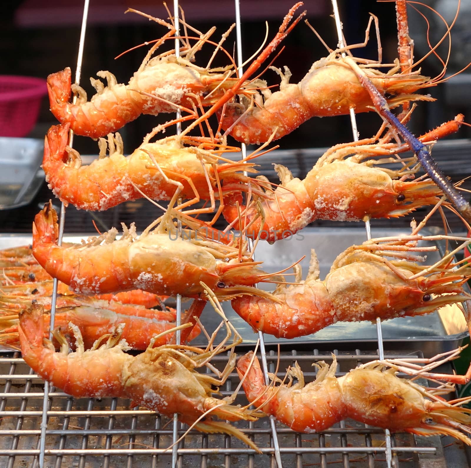 Large prawns are ready to be grilled at an outdoor market in Taiwan