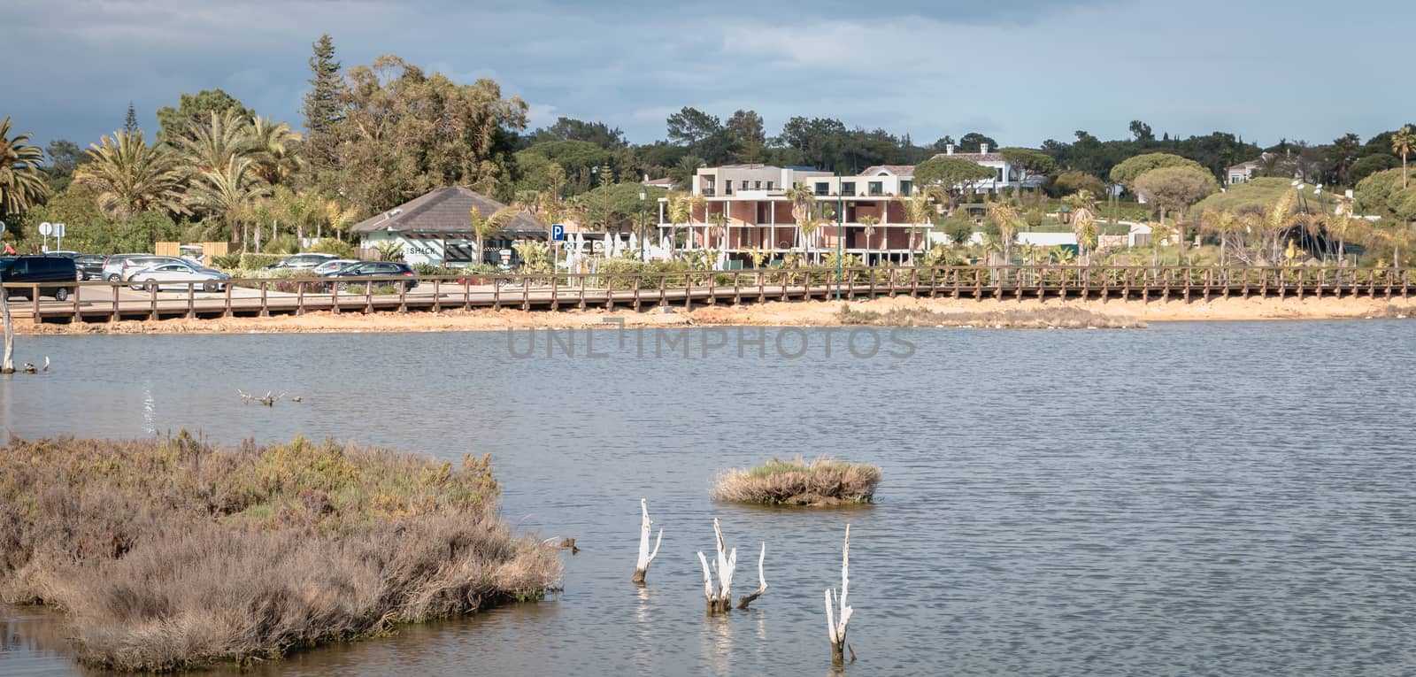 Quinta do Lago, Portugal - May 2, 2018: view of the lake of Quinta do Lago in the Algarve on a spring day