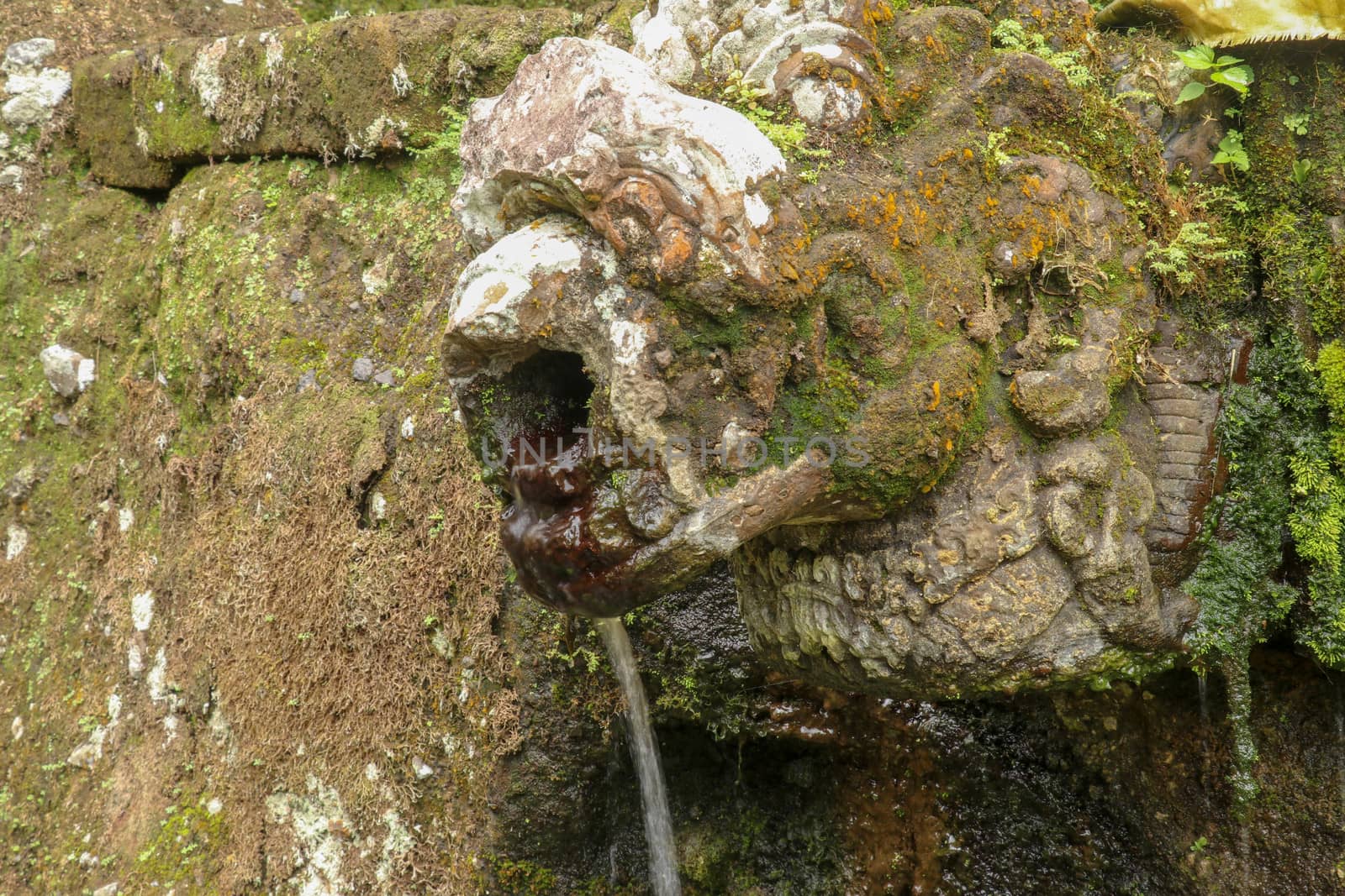 Gargoyles with holy water in the complex of royal tombs of the Udayan dynasty. Ancient royal tombs at Gunung Kawi Temple. Funeral complex centered around royal tombs carved into stone cliffs, Bali.