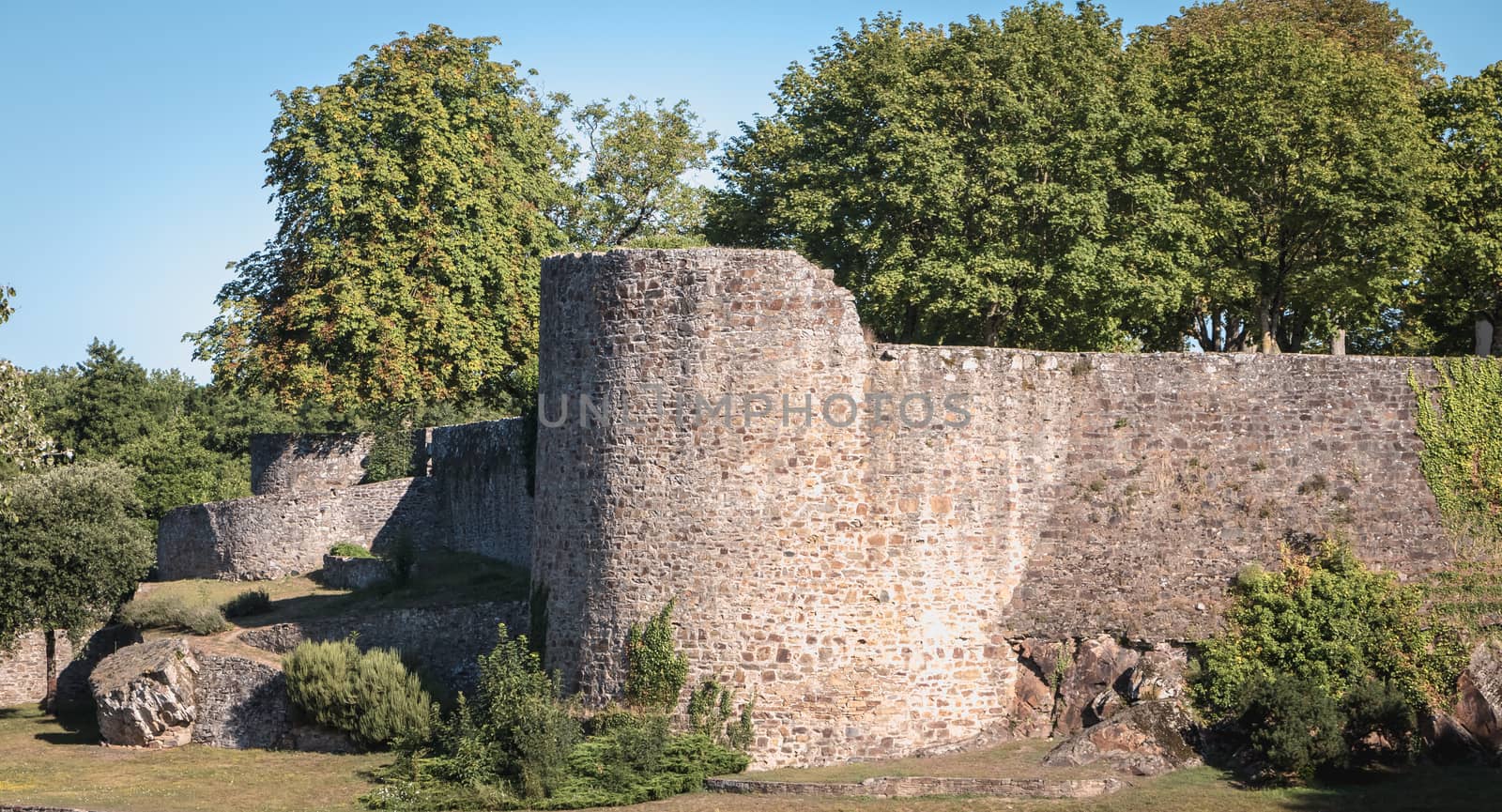 Montaigu, France - August 2, 2018: Architectural detail of the medieval castle of Montaigu in the city center on a summer day
